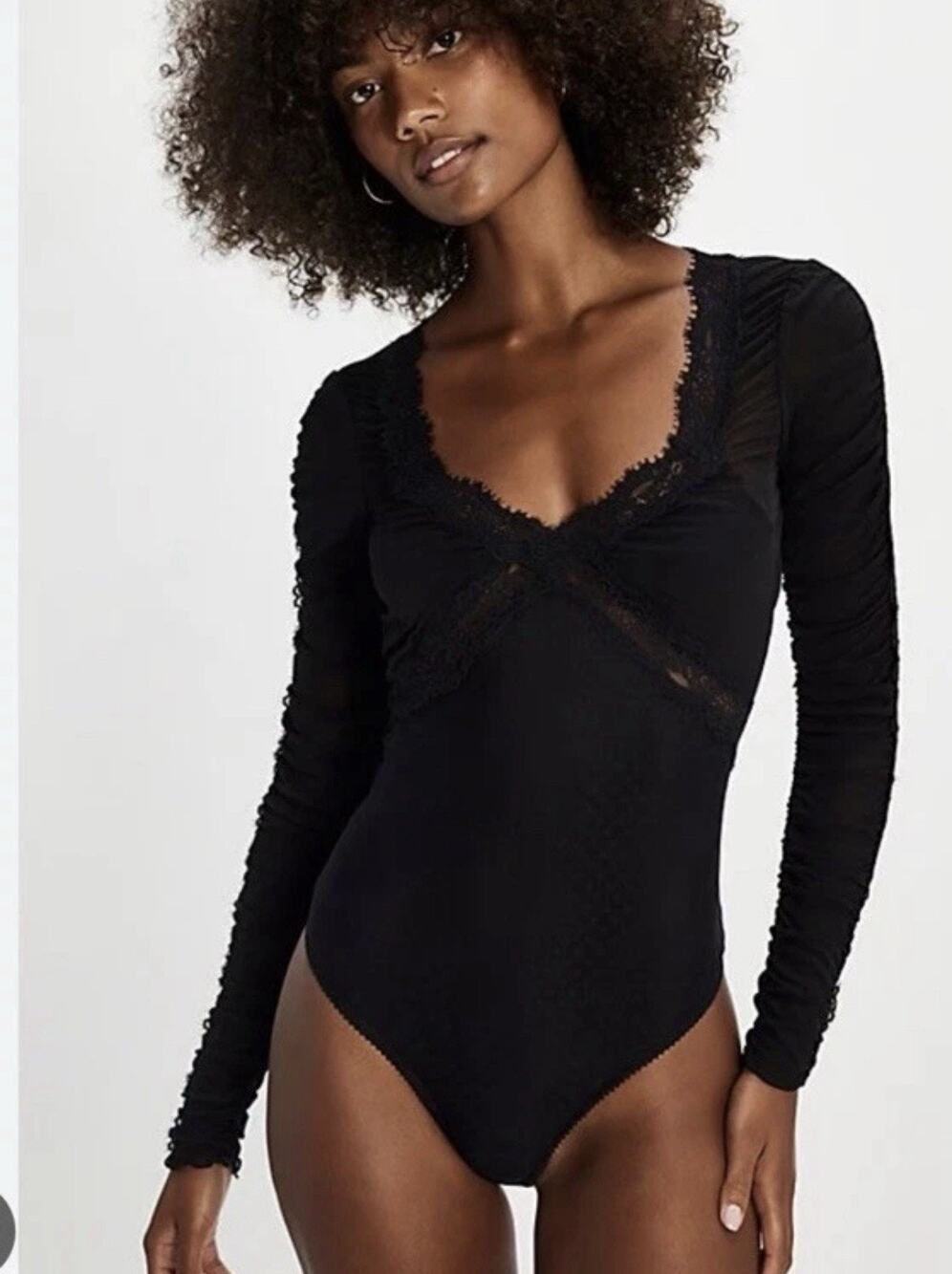Free People Forever Young Bodysuit dotted Lace Mesh Ruched Top Medium